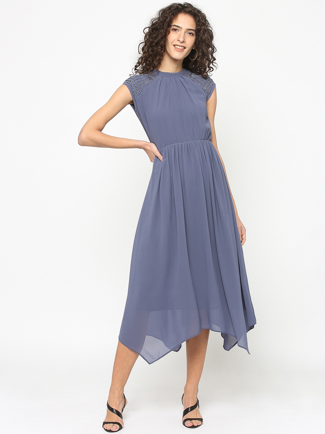 

Gipsy Women Grey Solid Fit and Flare Dress
