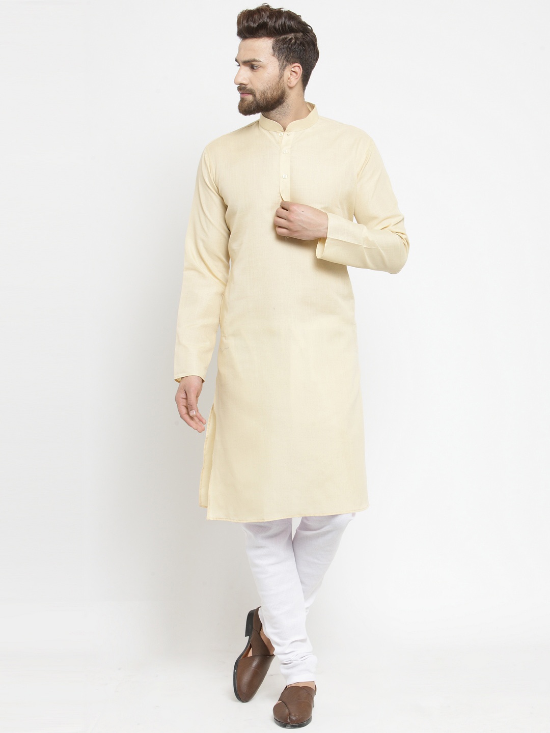 

TREEMODA Men Beige Solid Linen Kurta with Pyjamas