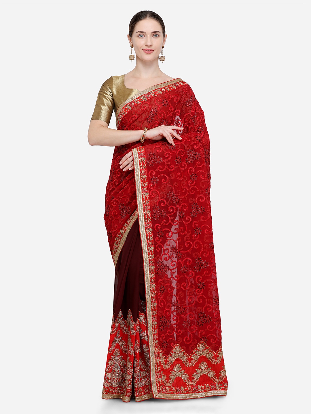 

Kalista Red Embroidered Poly Georgette Saree