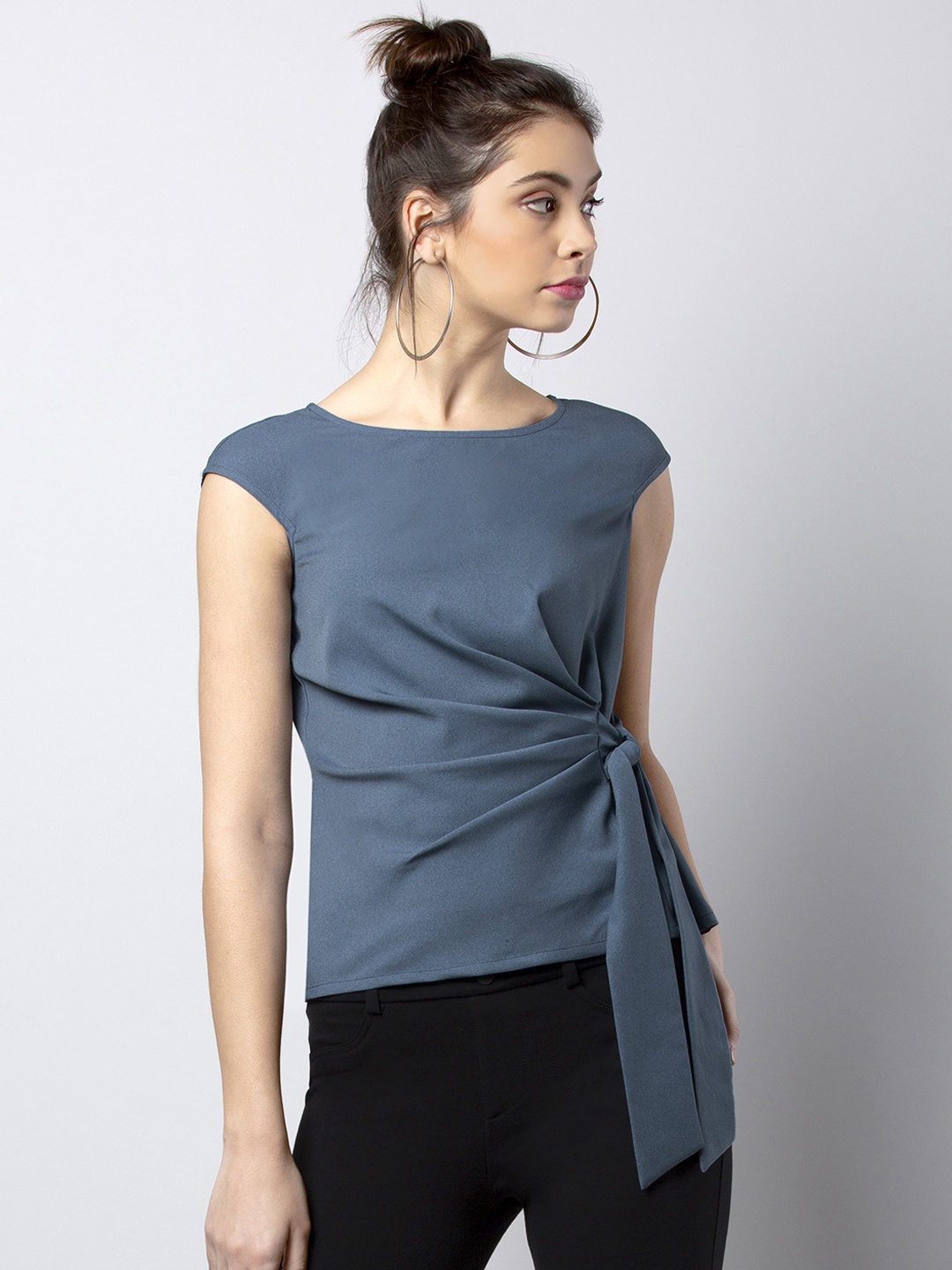 

FabAlley Women Blue Solid Cinched Waist Top