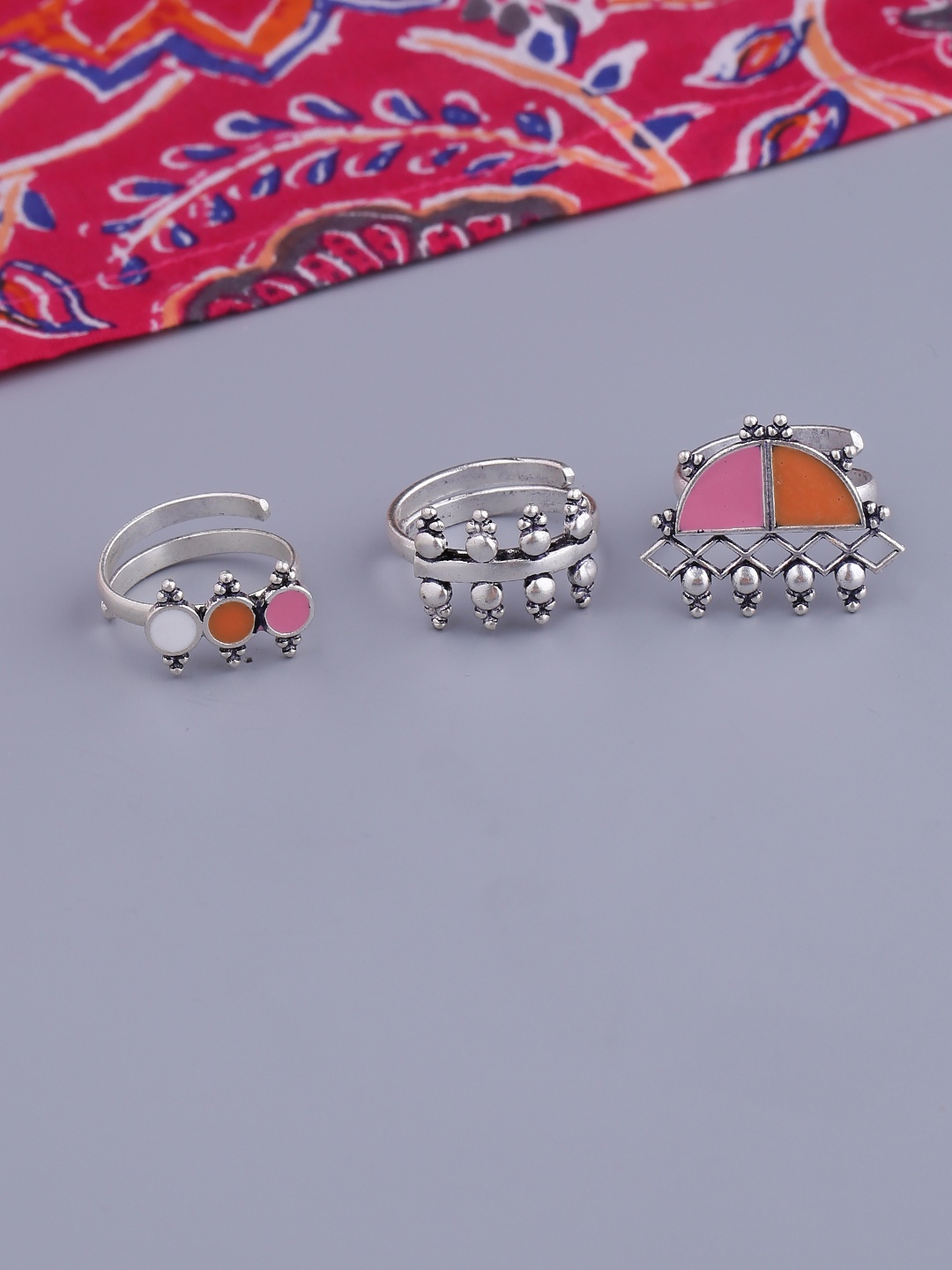 Voylla Women Set Of 3 Silver-Plated Enamelled Rings