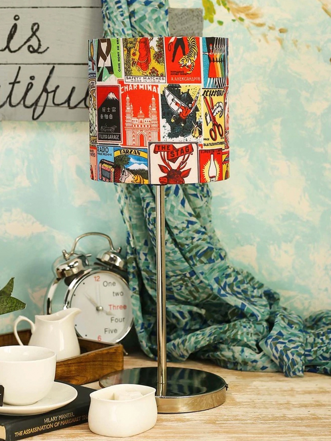 

green girgit Multicoloured Printed Buffet Lamp with Shade, Multi
