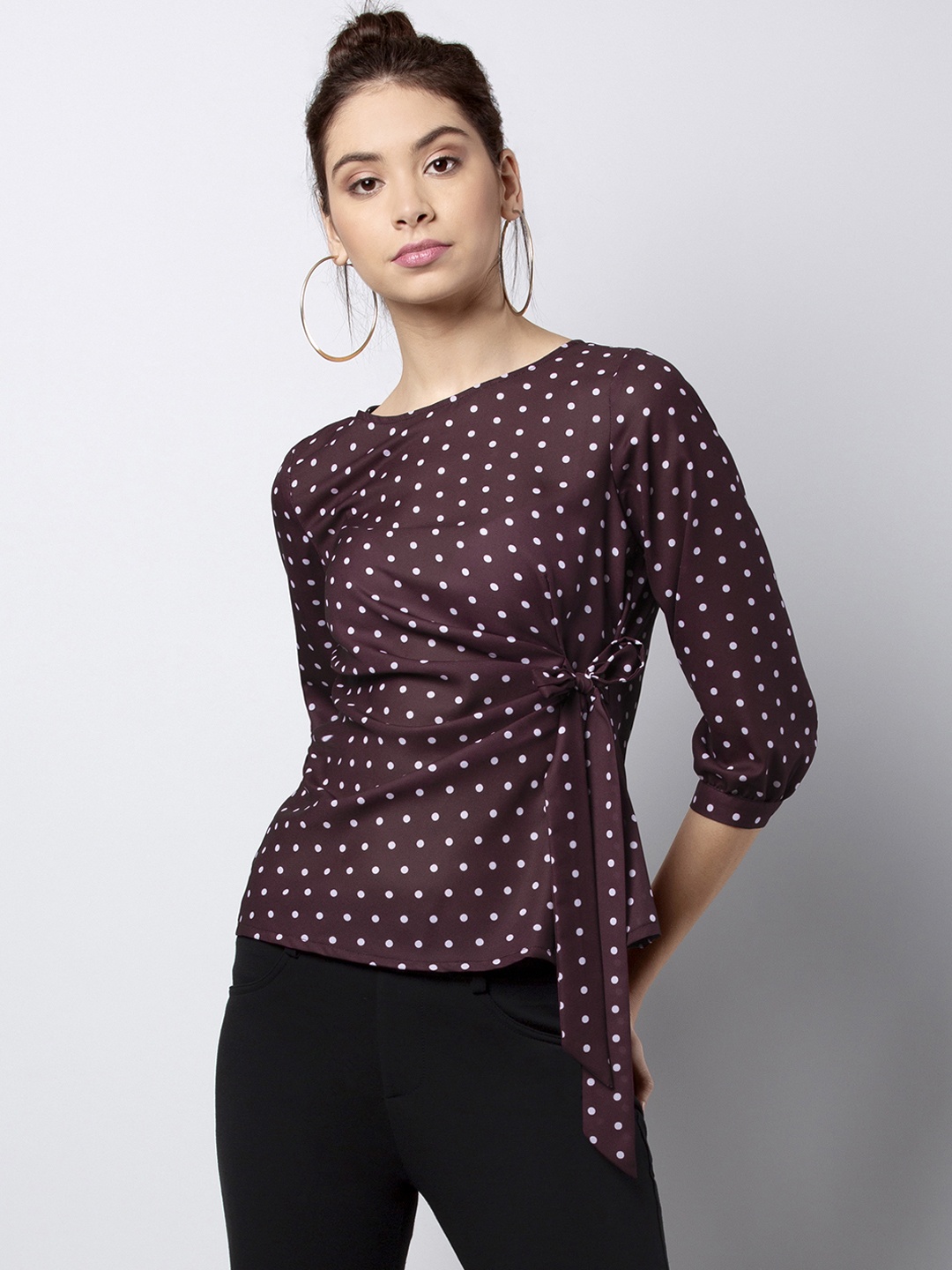 

FabAlley Women Burgundy Printed Cinched Waist Top