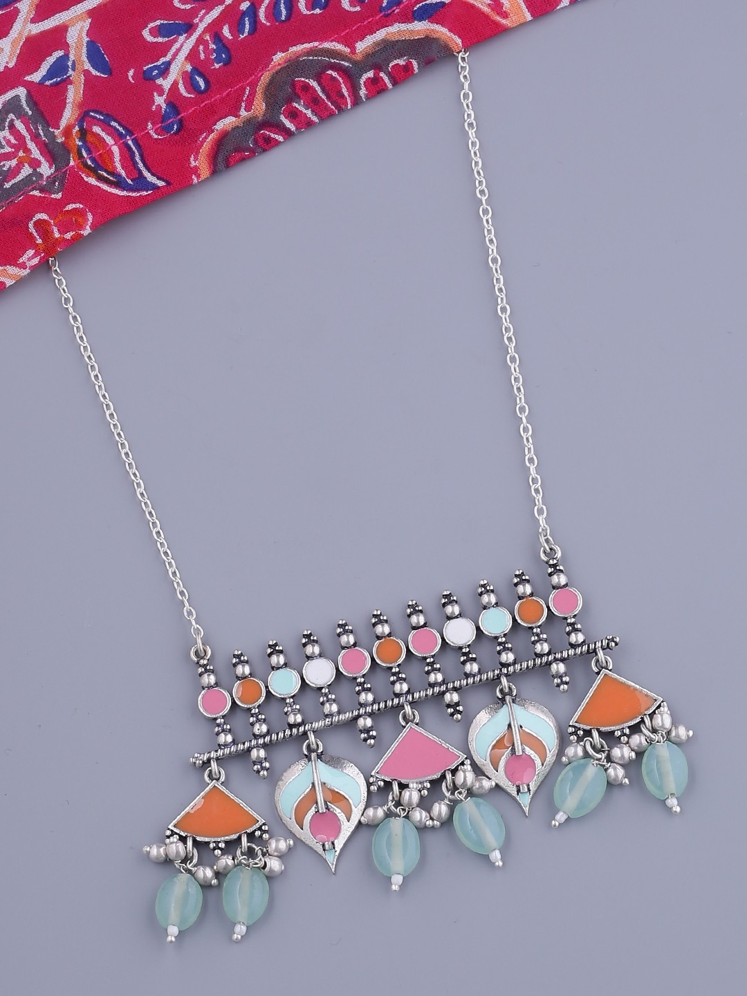 

Voylla Silver-Toned & Orange Brass Silver-Plated Enamelled Necklace
