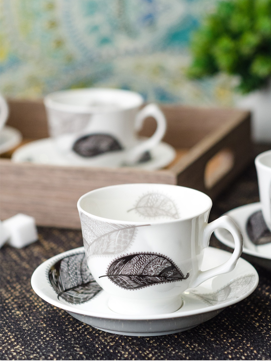 

SONAKI White 12-Pieces Printed Bone China Cups and Saucers Set