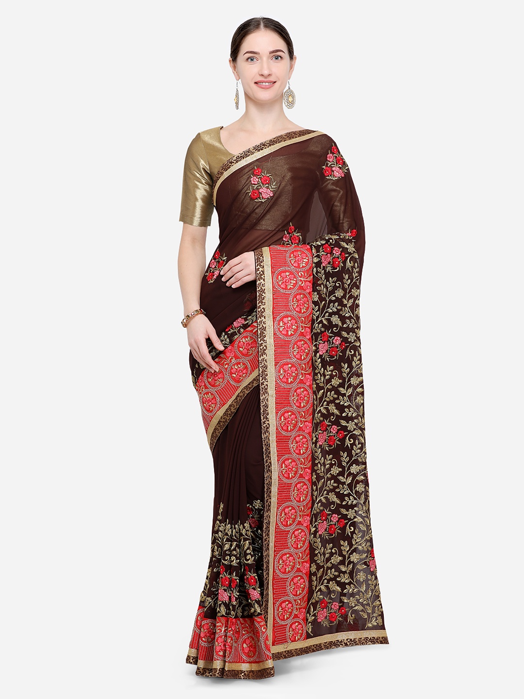 

Kalista Coral Pink & Brown Poly Georgette Embroidered Saree