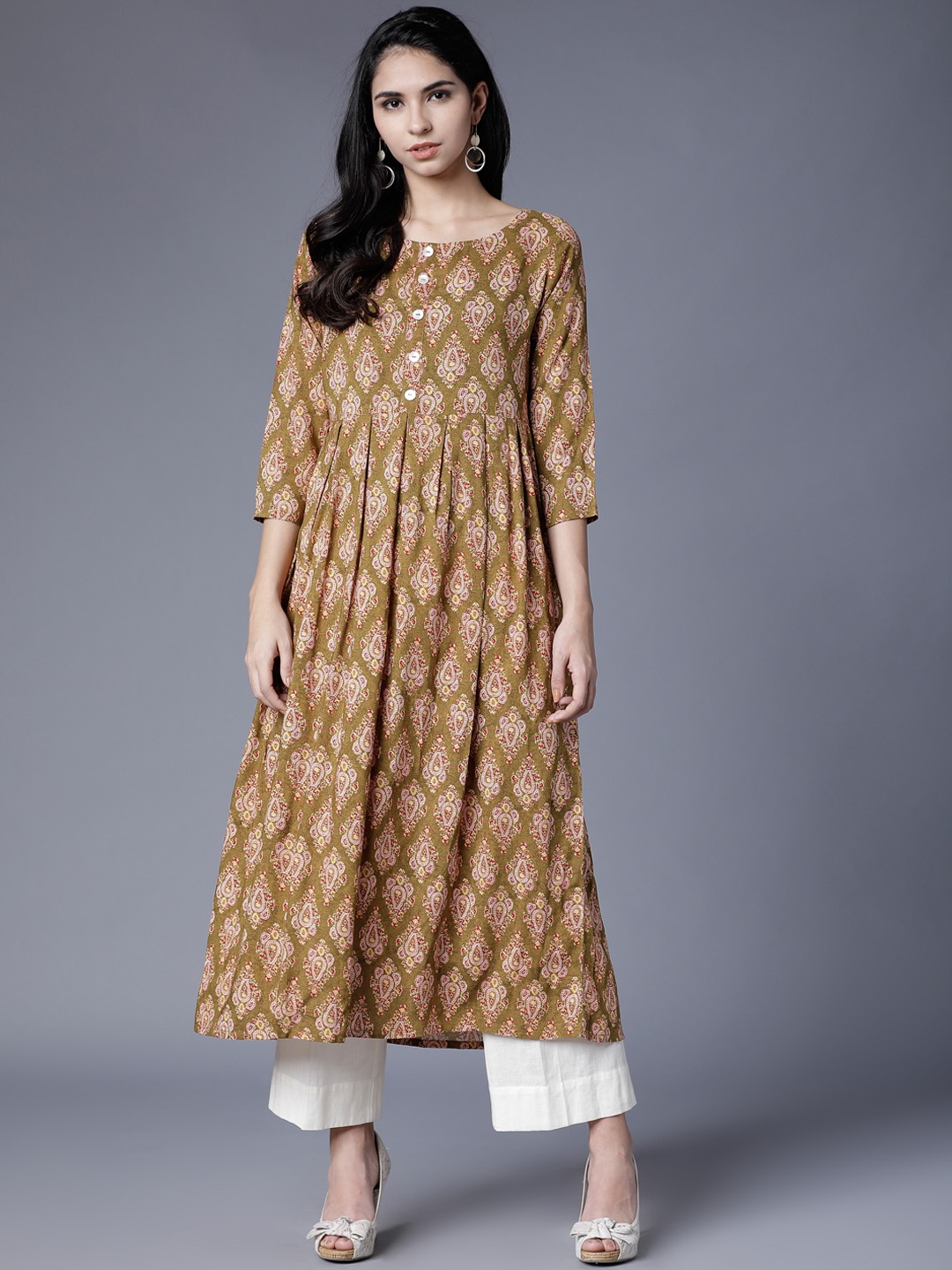 Vishudh Women Olive Green Printed A-Line Kurta