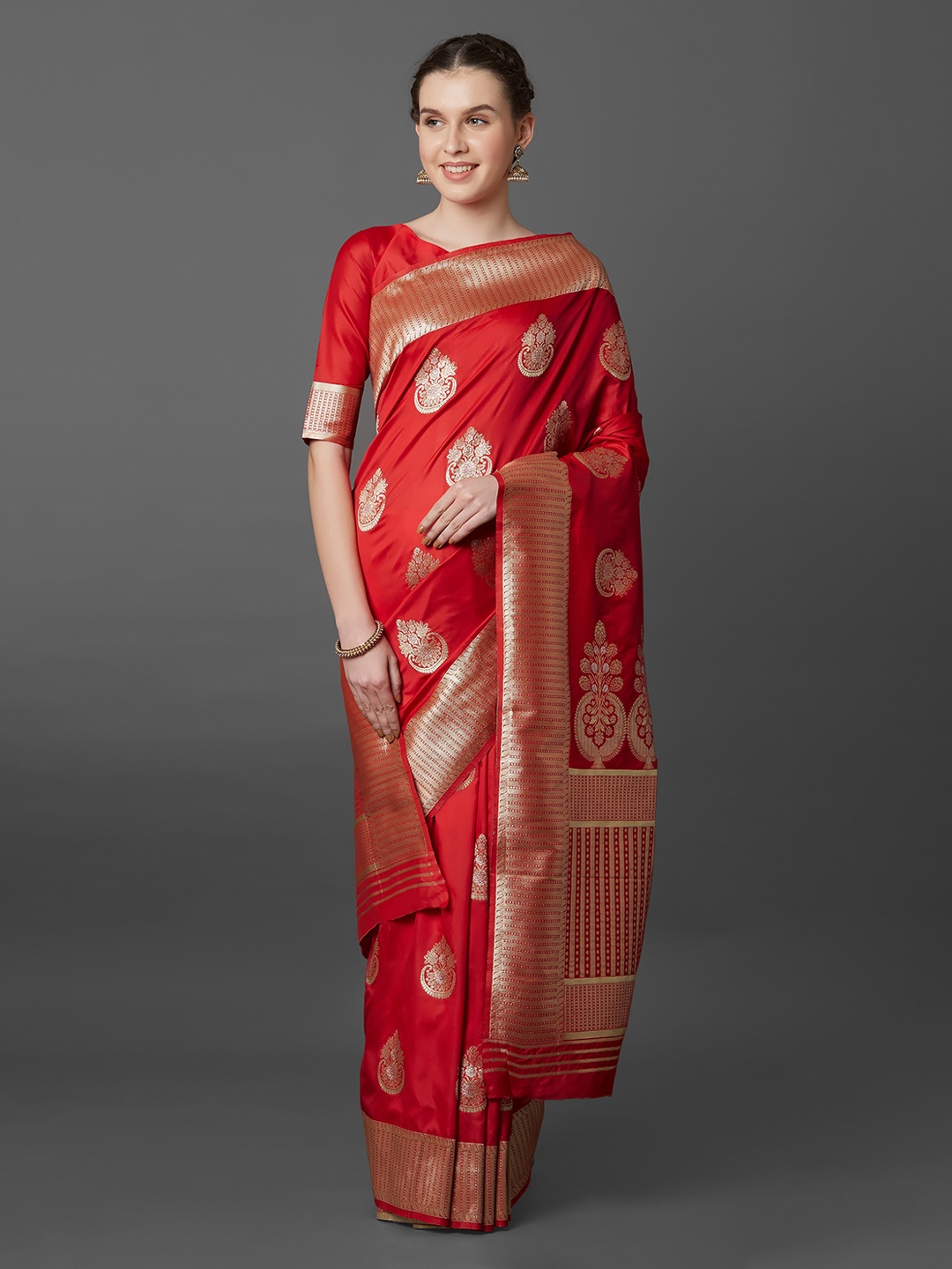 

Mitera Red & Gold-Coloured Silk Blend Woven Design Banarasi Saree