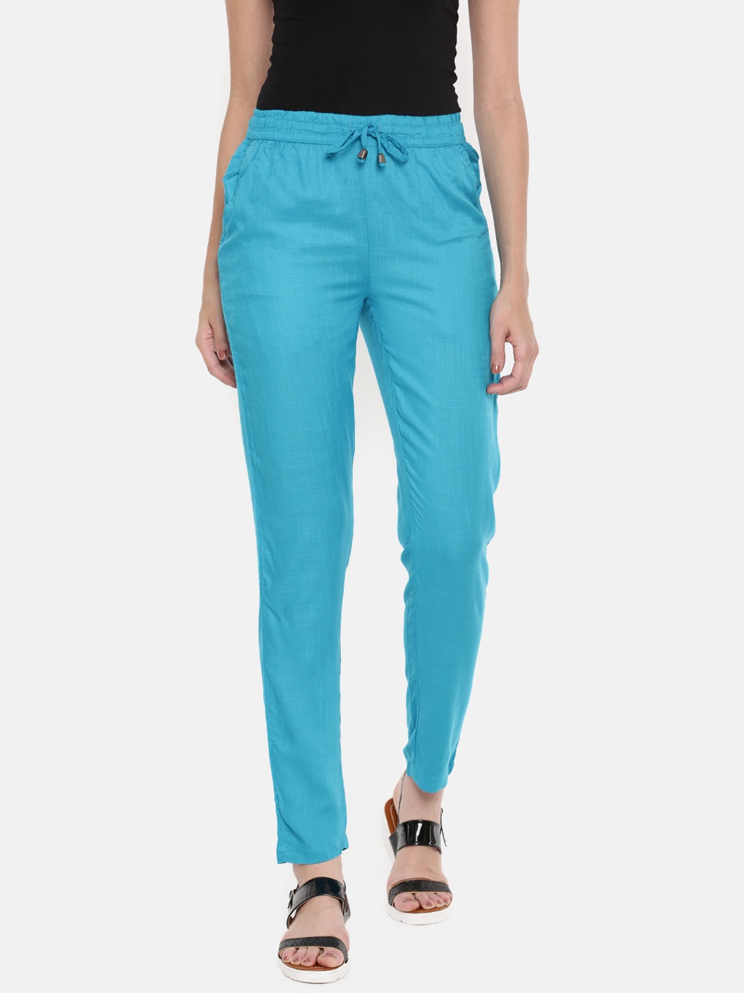 De Moza Women Blue Straight Fit Solid Regular Trousers