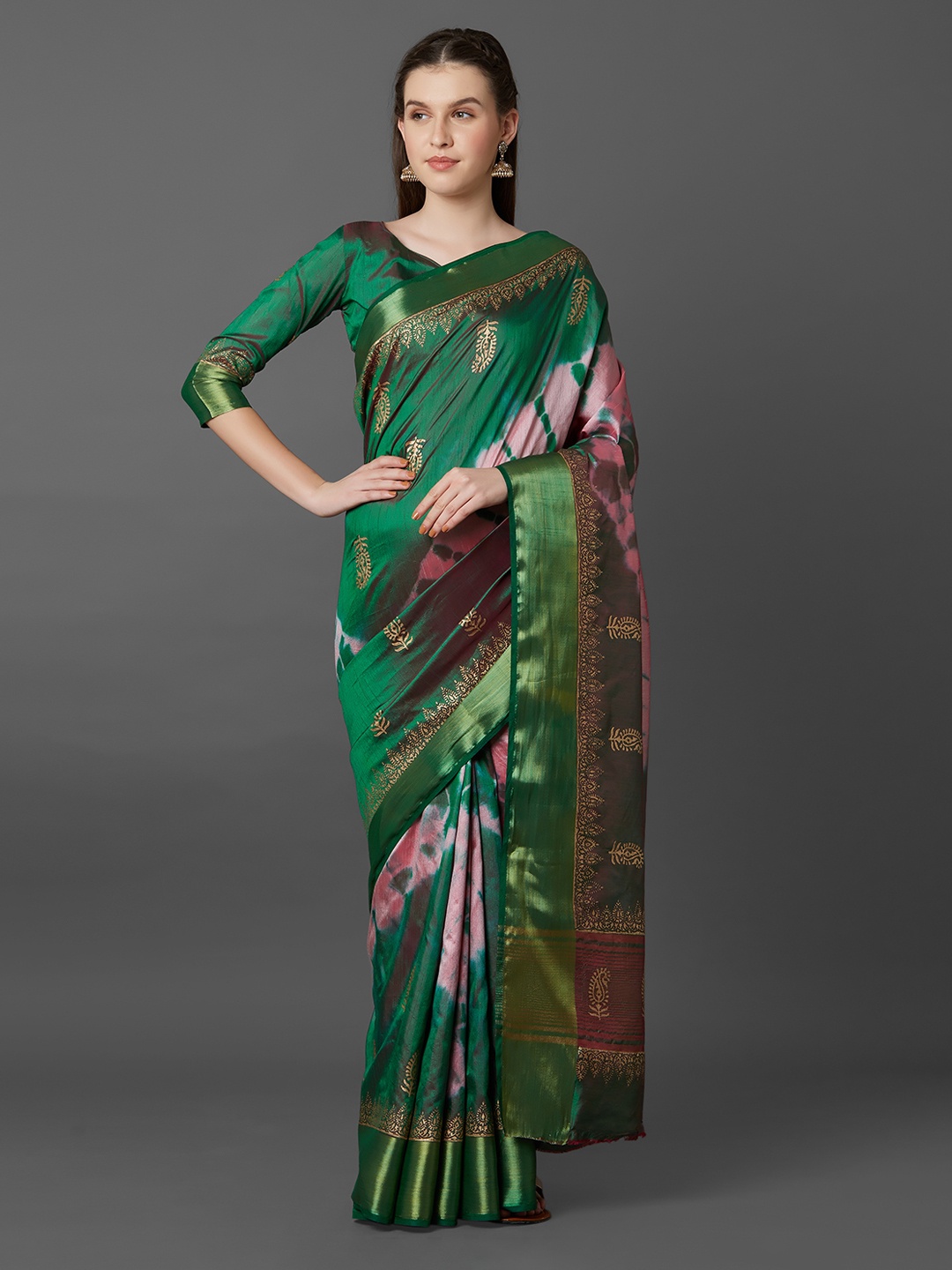 

Mitera Green Silk Blend Printed Banarasi Saree