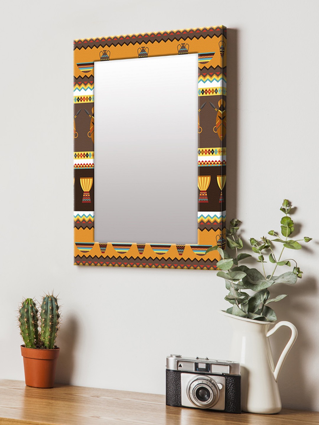

999Store Brown & Mustard Yellow Printed MDF Wall Mirror