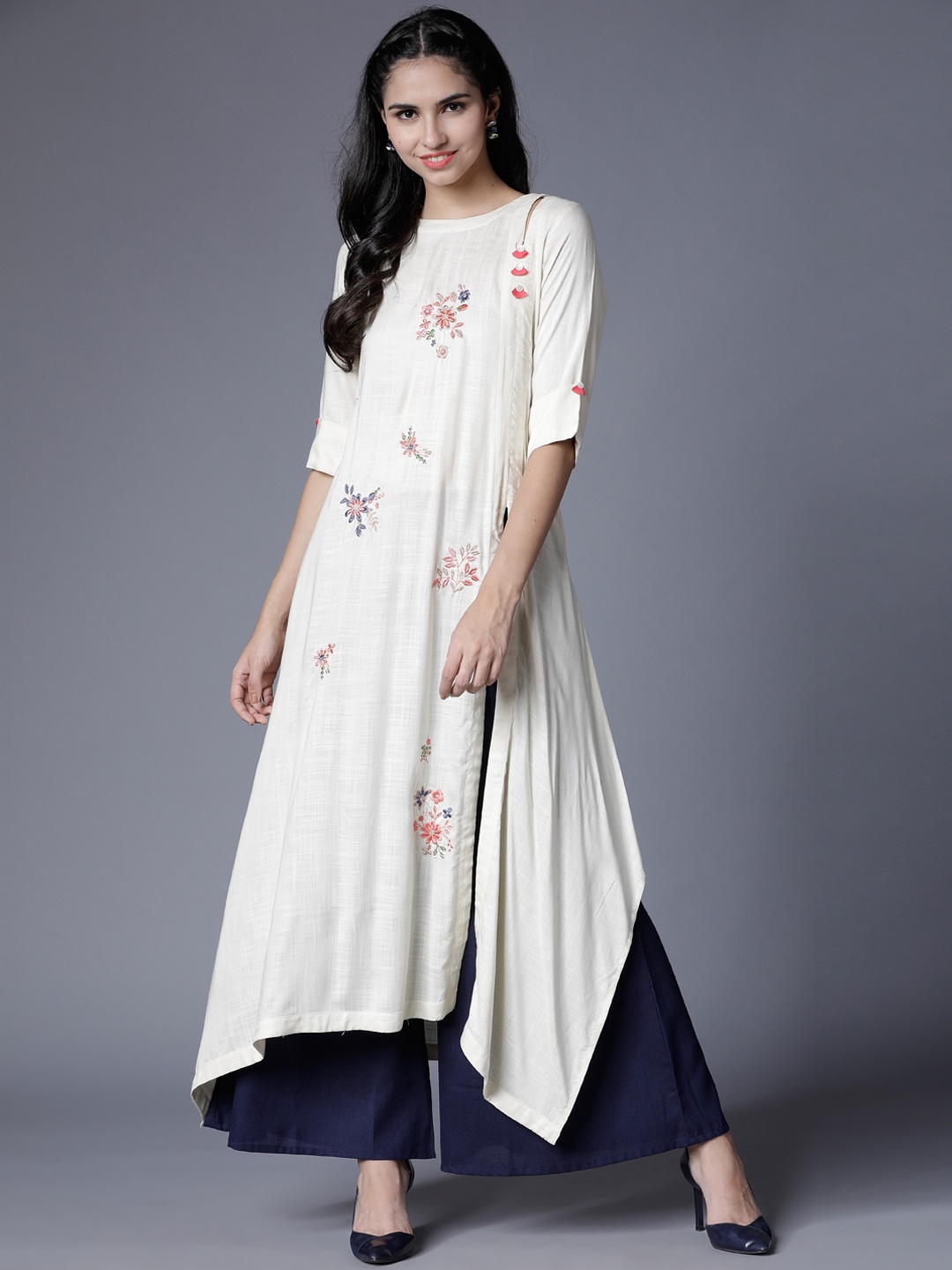 

Vishudh Women Cream-Coloured Embroidered A-Line Asymmetric Kurta