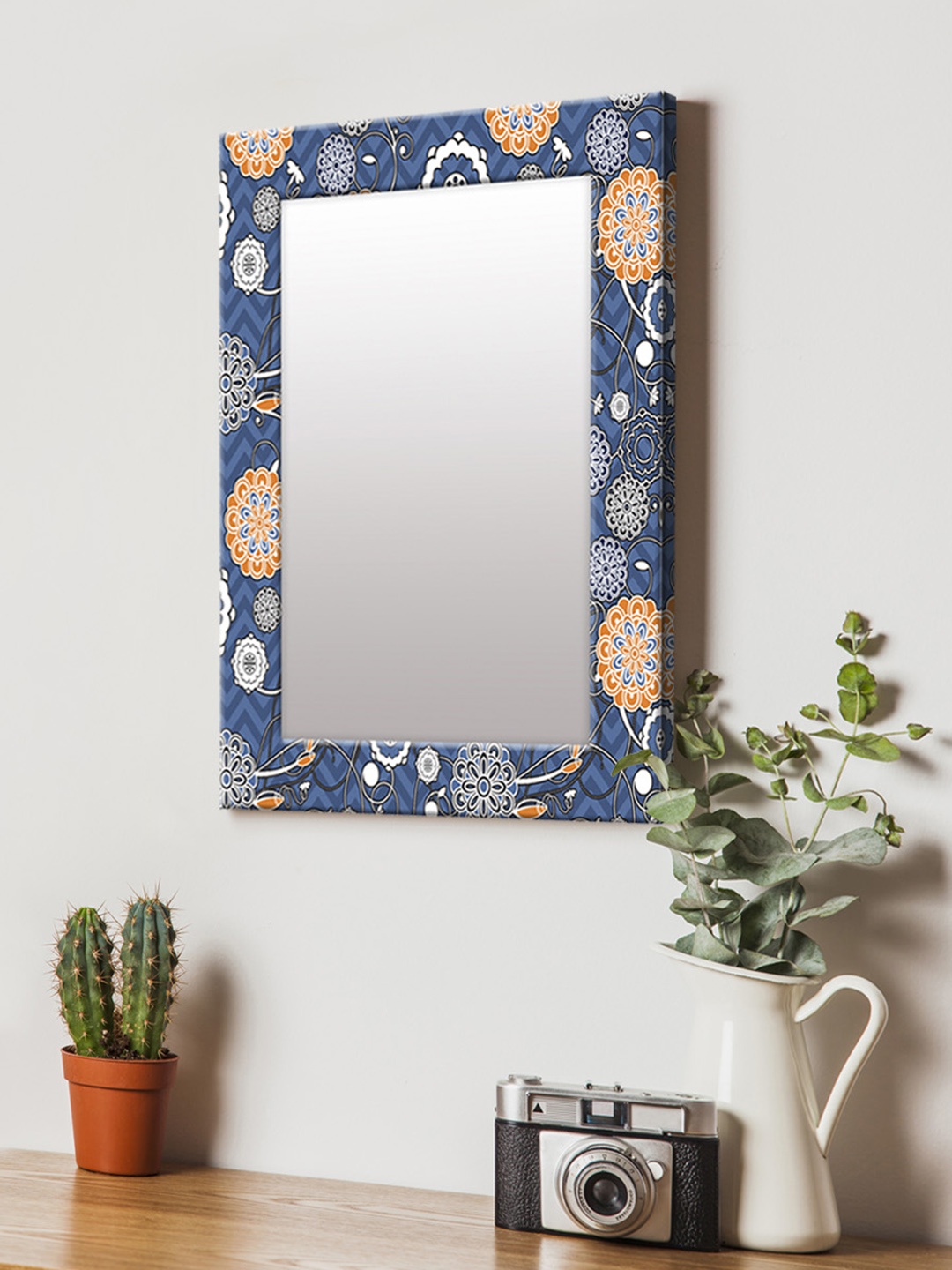 

999Store Blue & White Printed MDF Wall Mirror