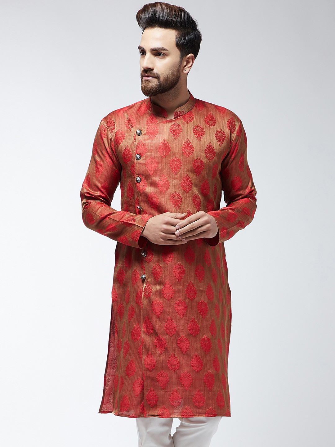 

SOJANYA Men Red & Beige Embroidered Straight Kurta