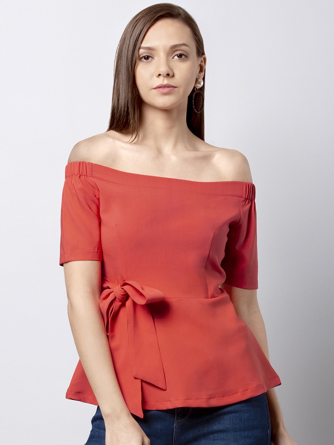 

FabAlley Women Coral Solid Bardot Top