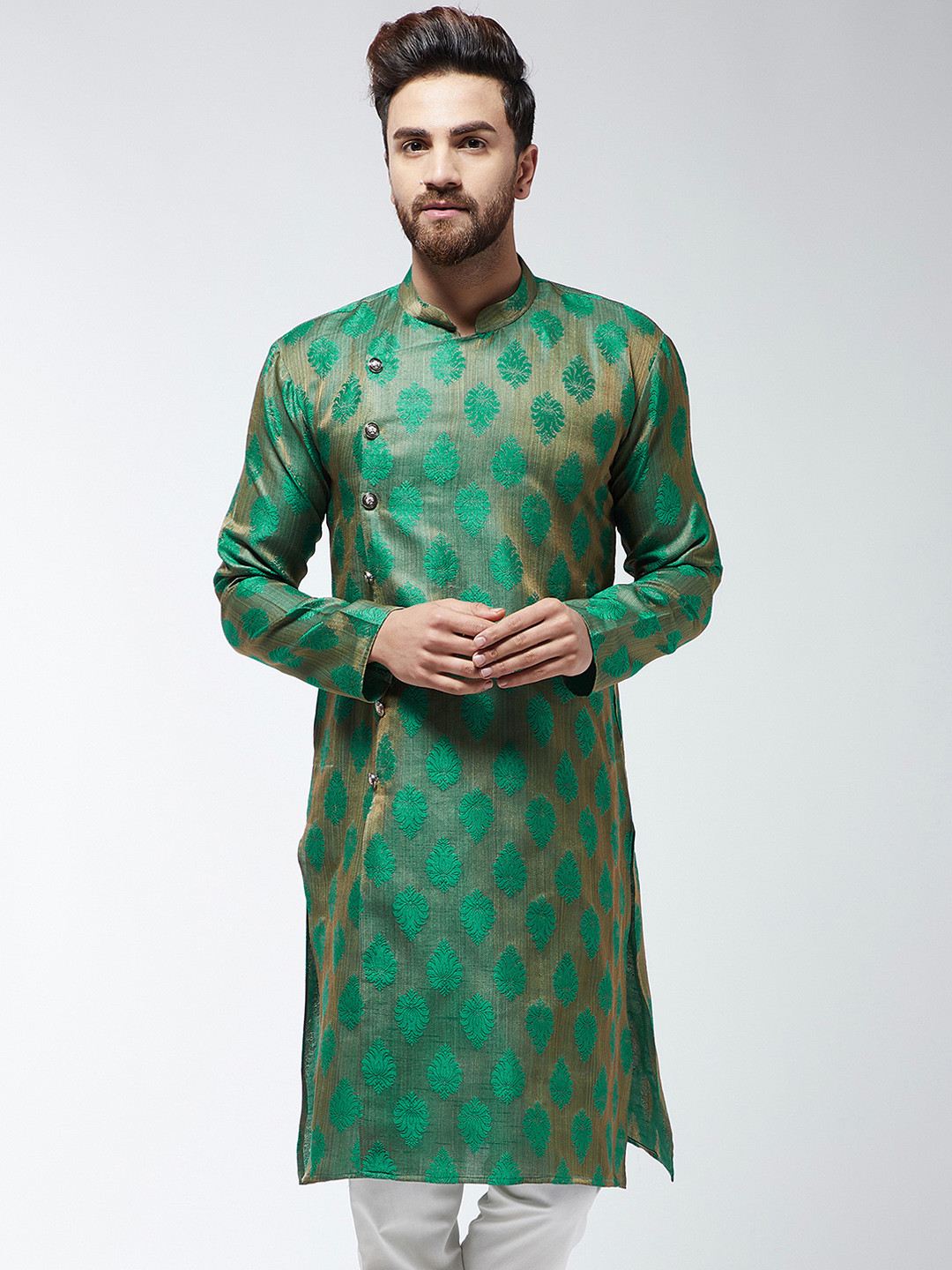 

SOJANYA Men Green & Beige Embroidered Straight Kurta