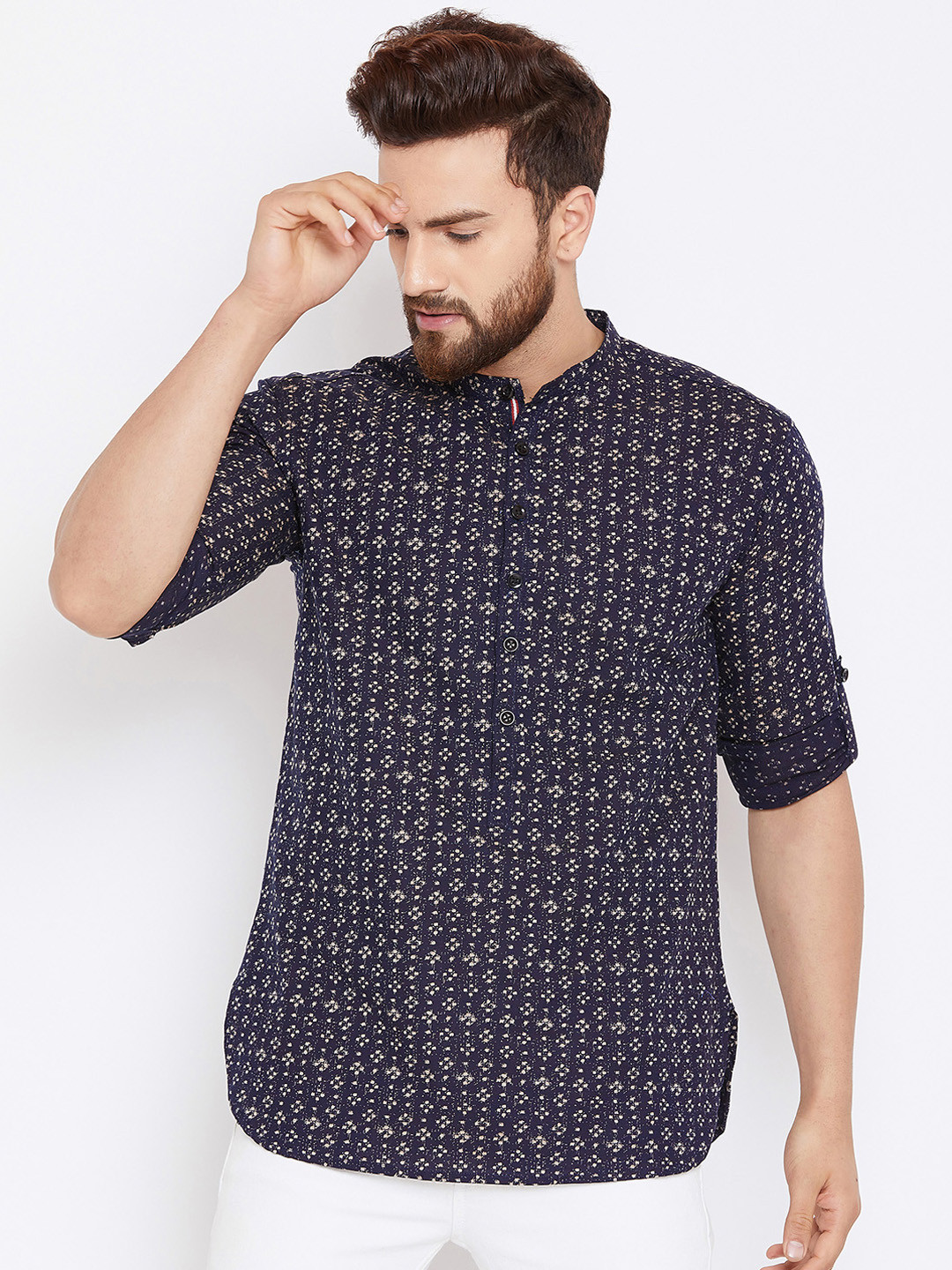 

even Men Navy Blue & Beige Printed Straight Kurta