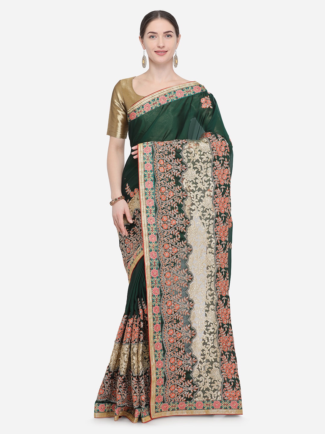 

Kalista Green & Beige Poly Georgette Embellished Saree