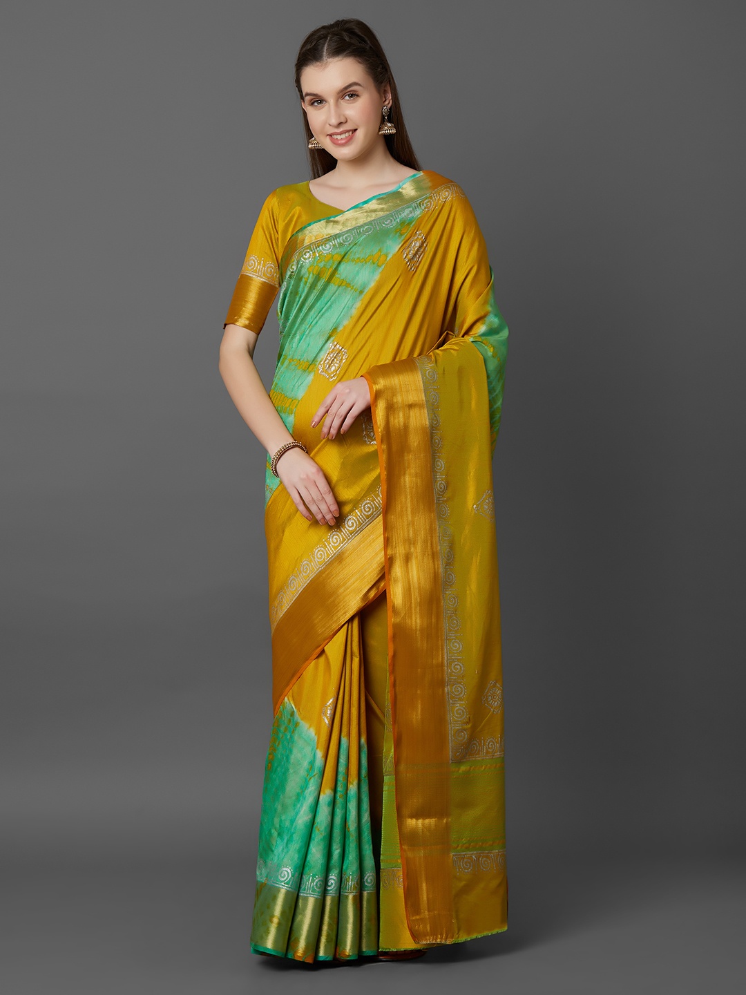 

Mitera Mustard & Sea Green Silk Blend Colourblocked Banarasi Saree