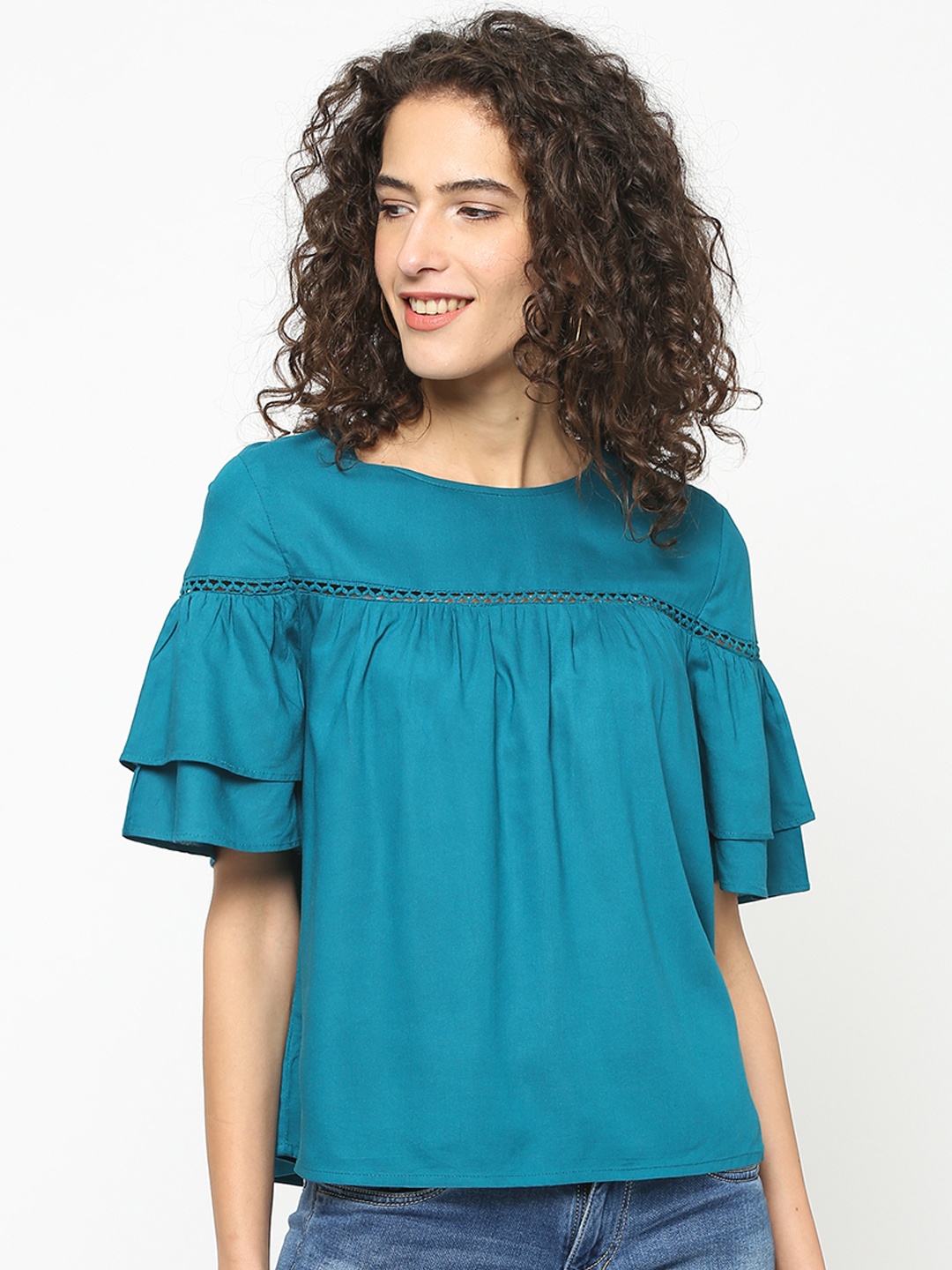 

Gipsy Women Teal Blue Solid A-Line Top