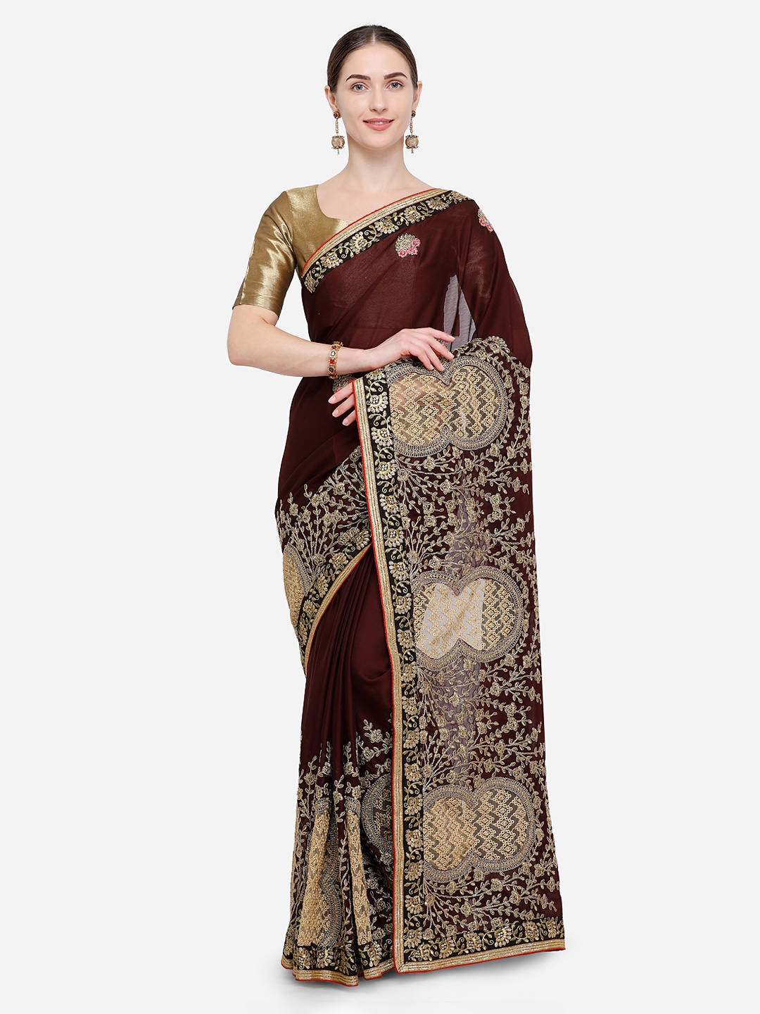 

Kalista Brown & Gold-Coloured Poly Georgette Embroidered Saree