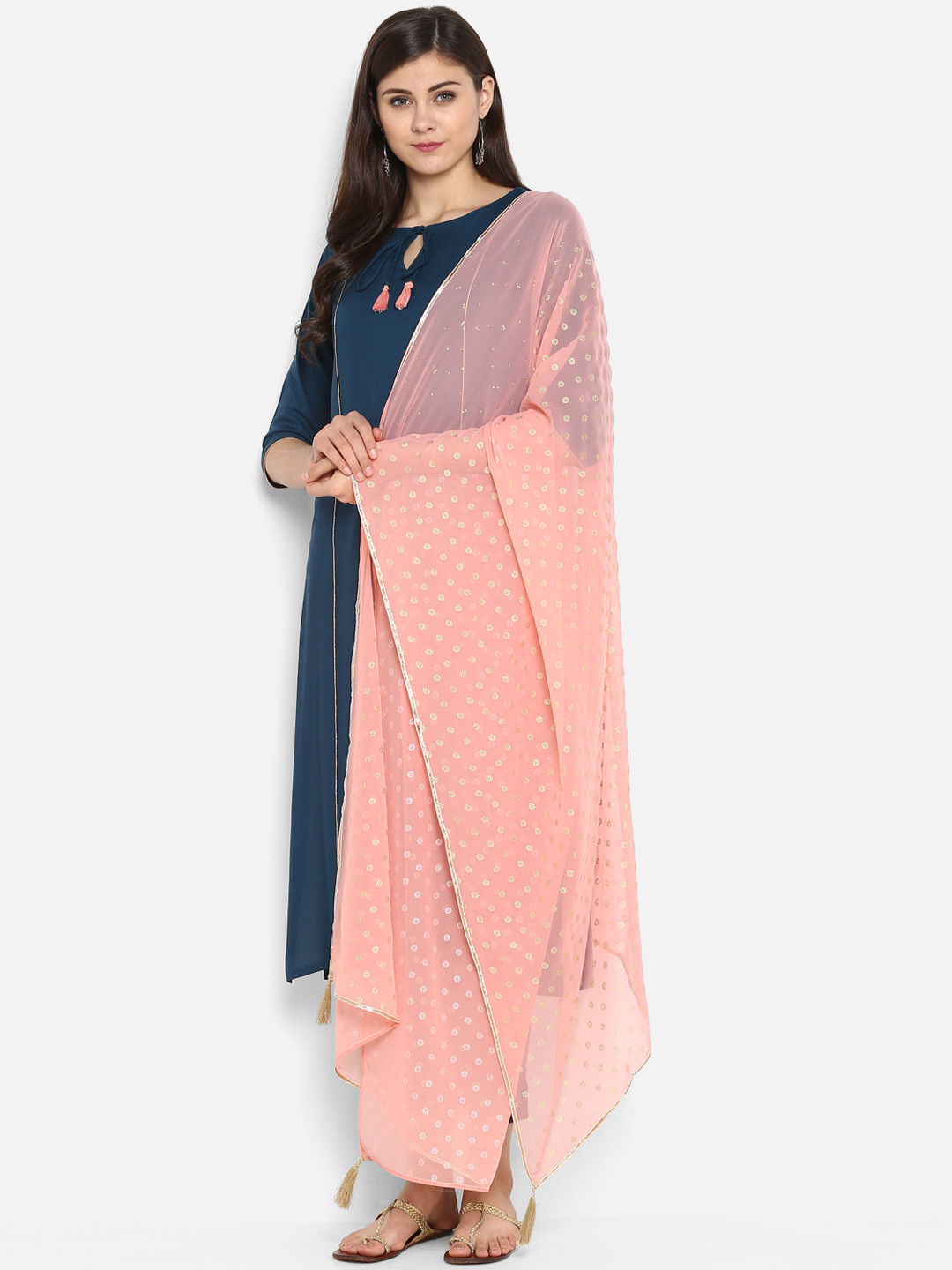 

Janasya Women Navy Blue & Peach-Coloured Solid Kurti with Trousers & Dupatta