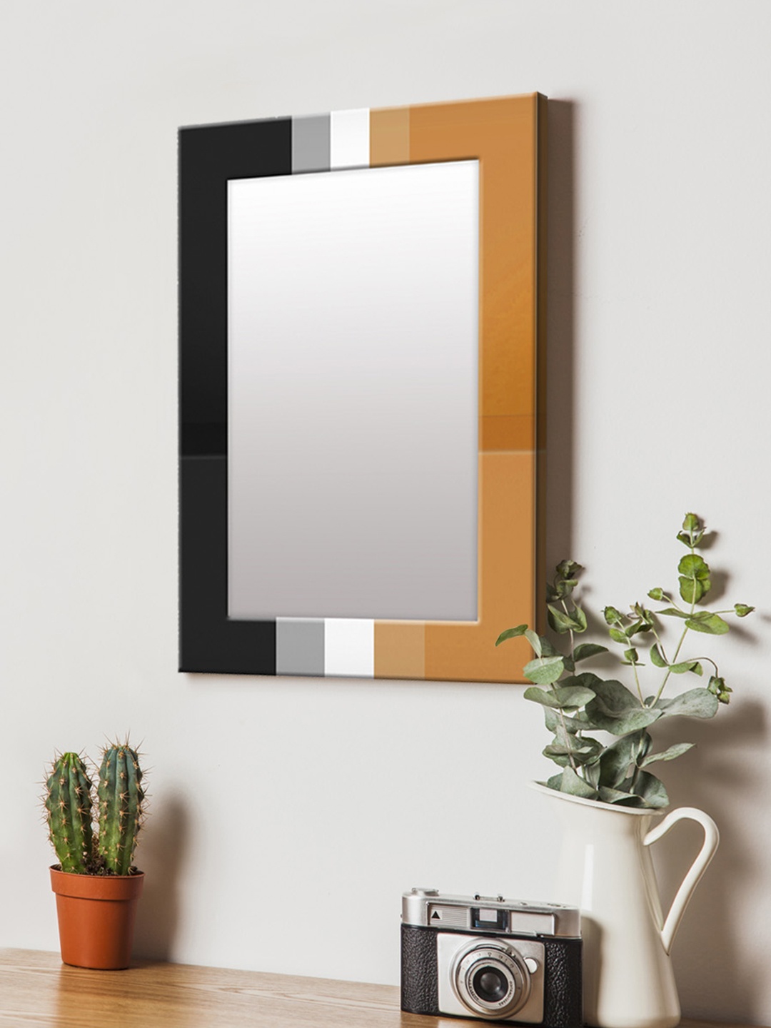 

999Store Black & Orange Striped MDF Wall Mirror