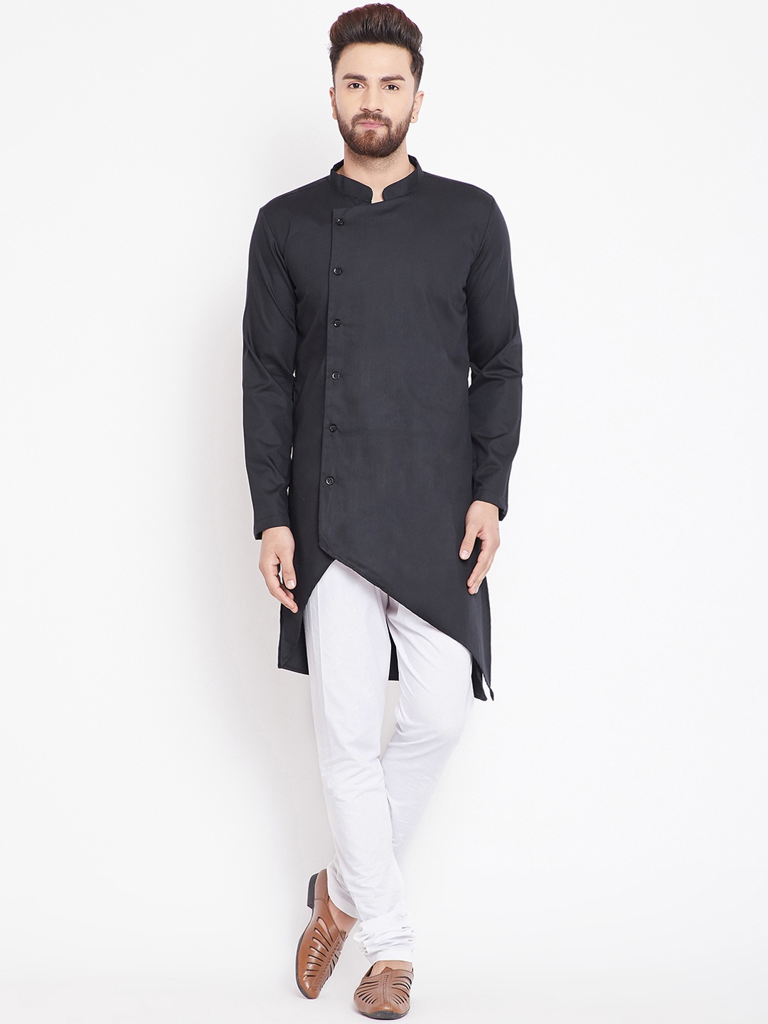

even Men Black Solid Asymmetrical Hem Straight Kurta