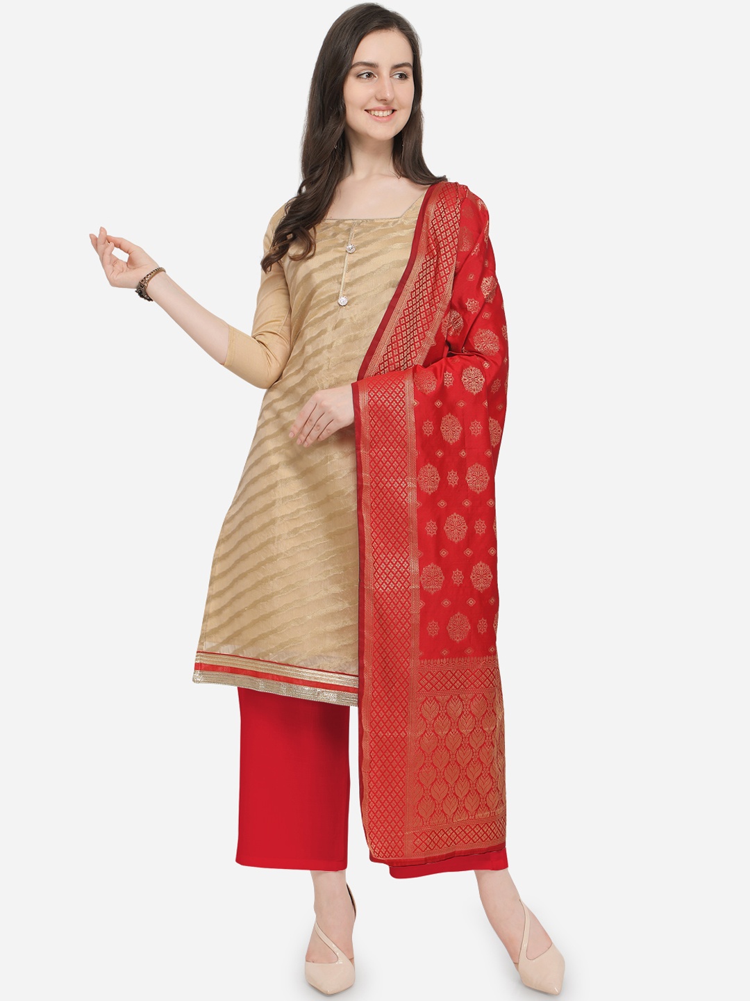 

Blissta Beige & Red Silk Blend Unstitched Dress Material