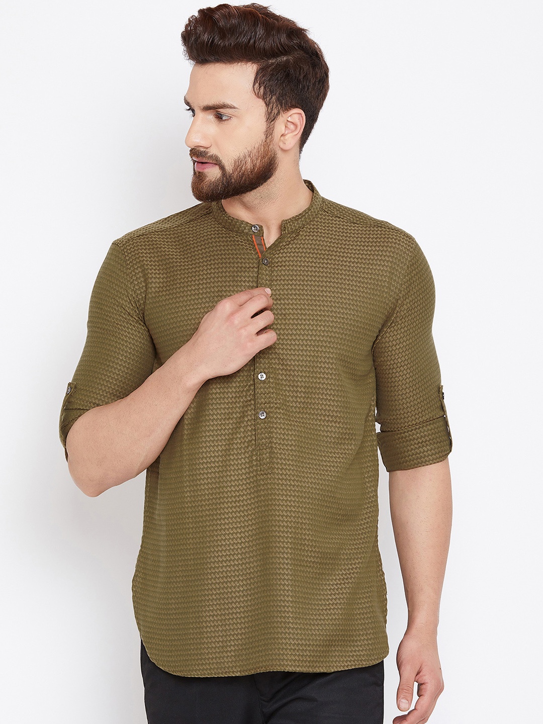 

even Men Olive Green Printed Straight Kurta