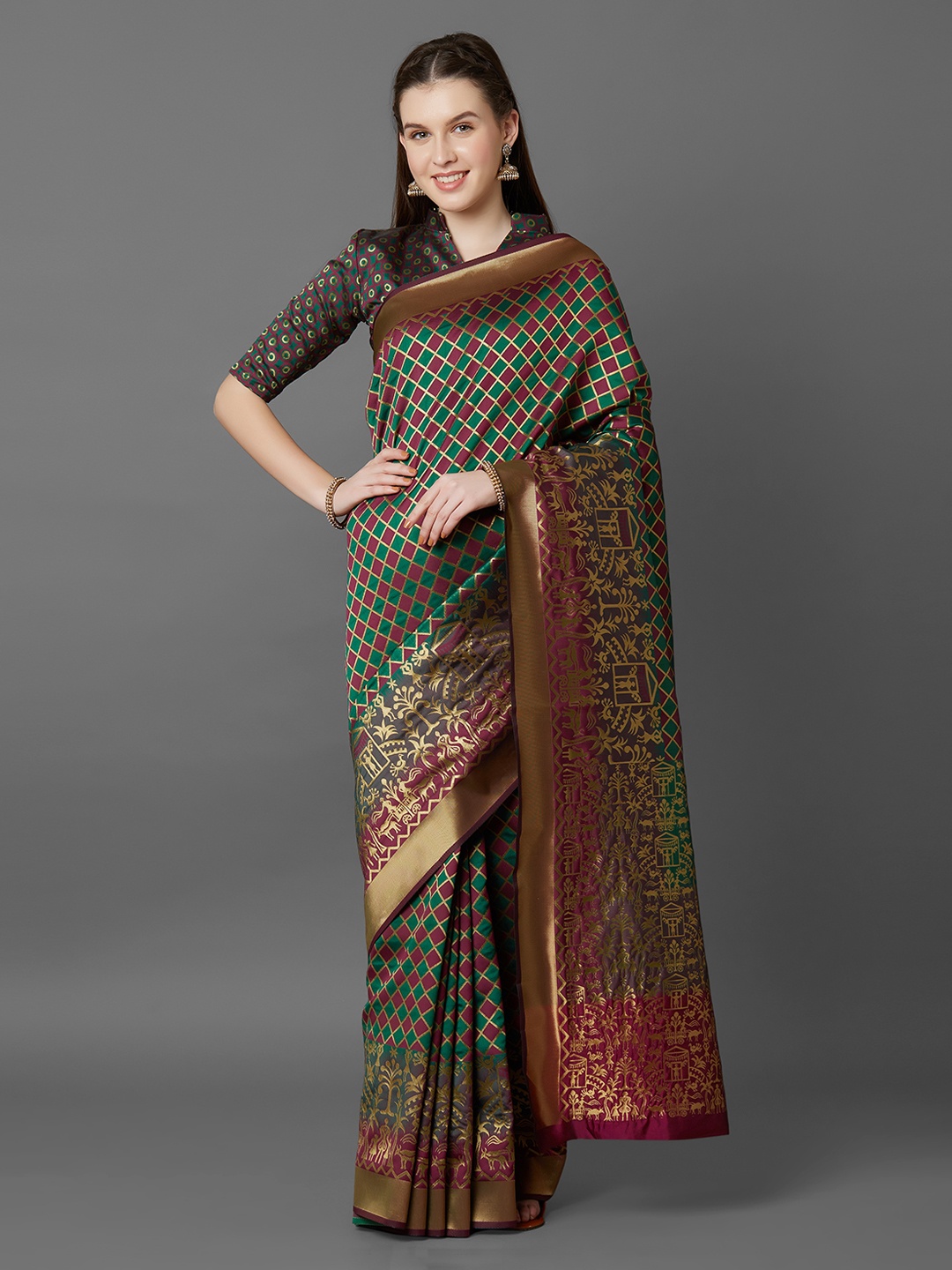 

Mitera Green & Magenta Silk Blend Solid Banarasi Saree
