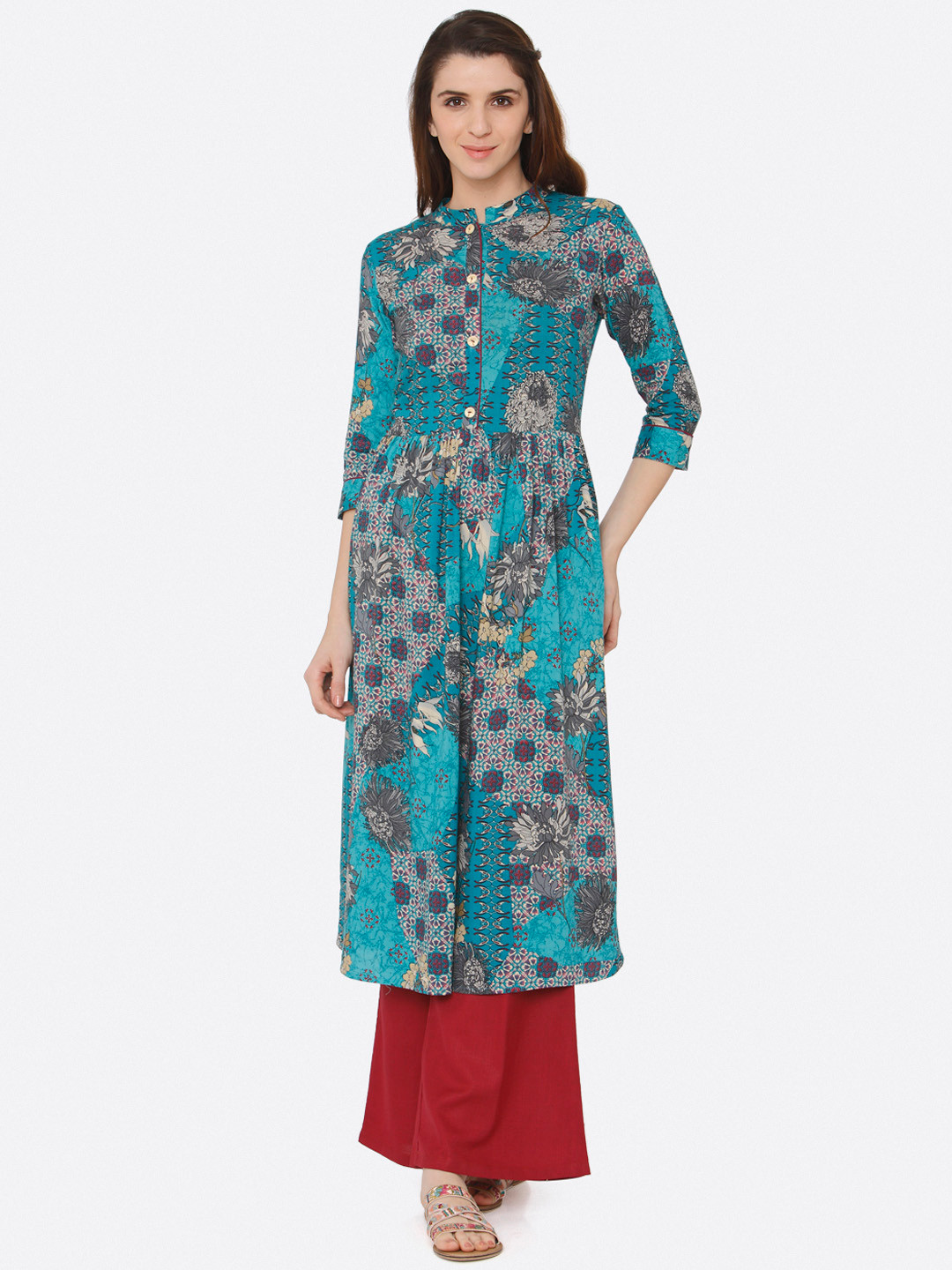 

shiloh Women Blue & Red Printed Kurta with Palazzos