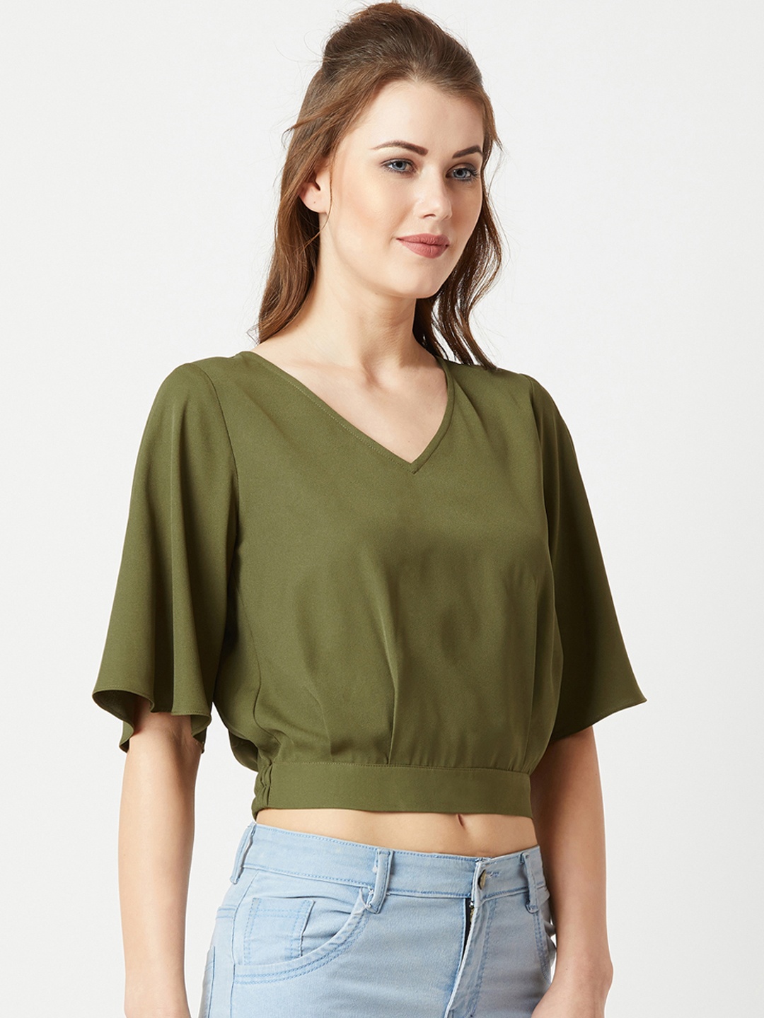 

Miss Chase Women Olive Green Solid Crop Blouson Top