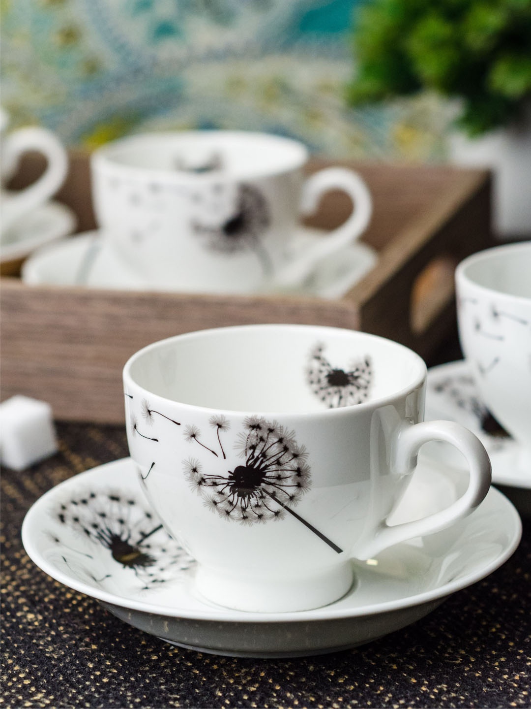 

SONAKI Set of 12 Printed Bone China Cups and Saucers Set, White