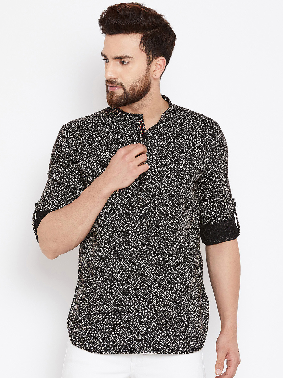 

even Men Black & White Printed Straight Kurta