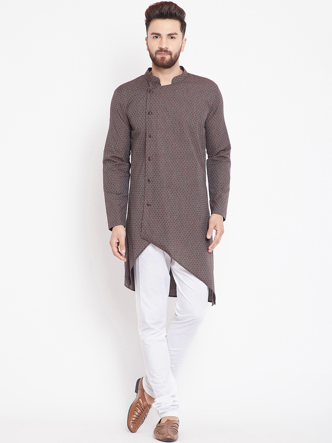 

even Men Brown Woven Design Asymmetrical Hem Straight Kurta