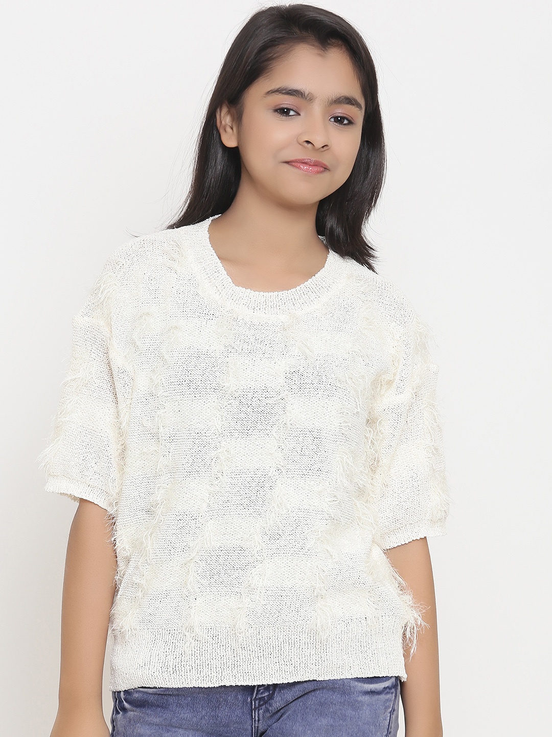 

Natilene Girls Off-White Self Design Sweater