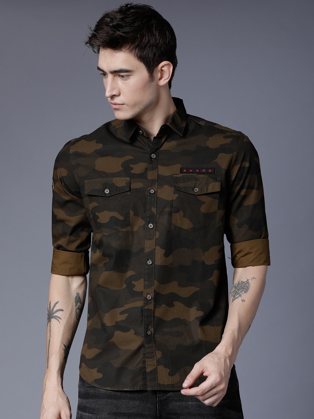 HIGHLANDER Men Olive Green Slim Fit Printed Casual Shirt