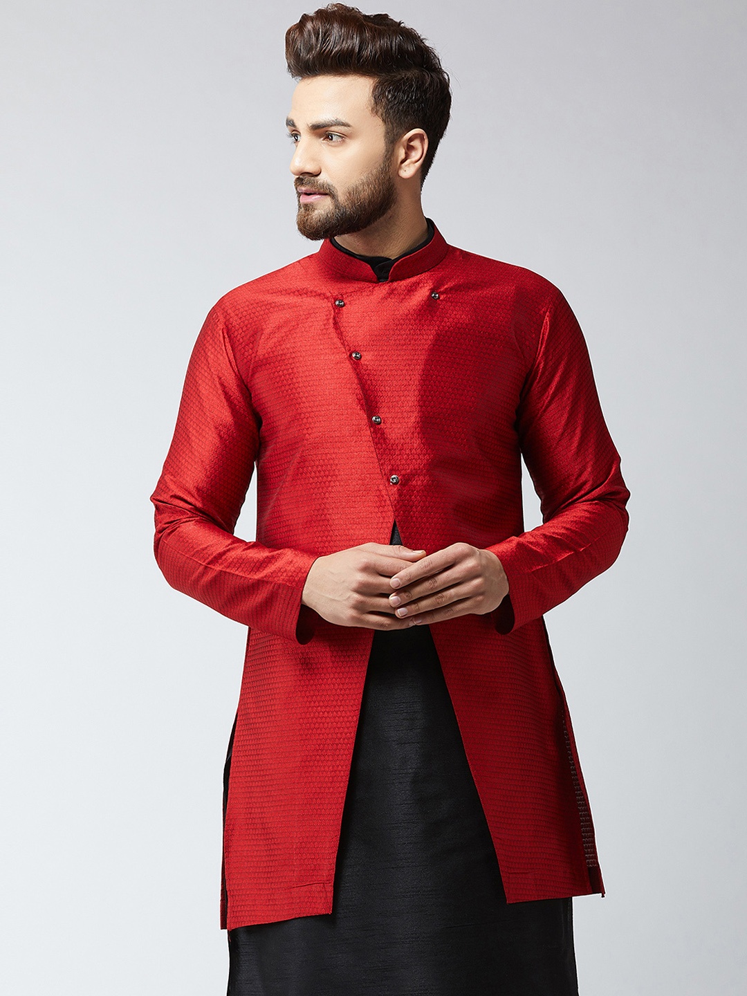 

Sojanya Mens Maroon Woven Design Sherwani Jacket