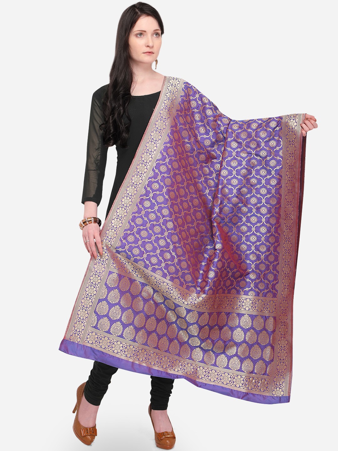 

mf Women Purple Woven Design Banarasi Silk Dupatta