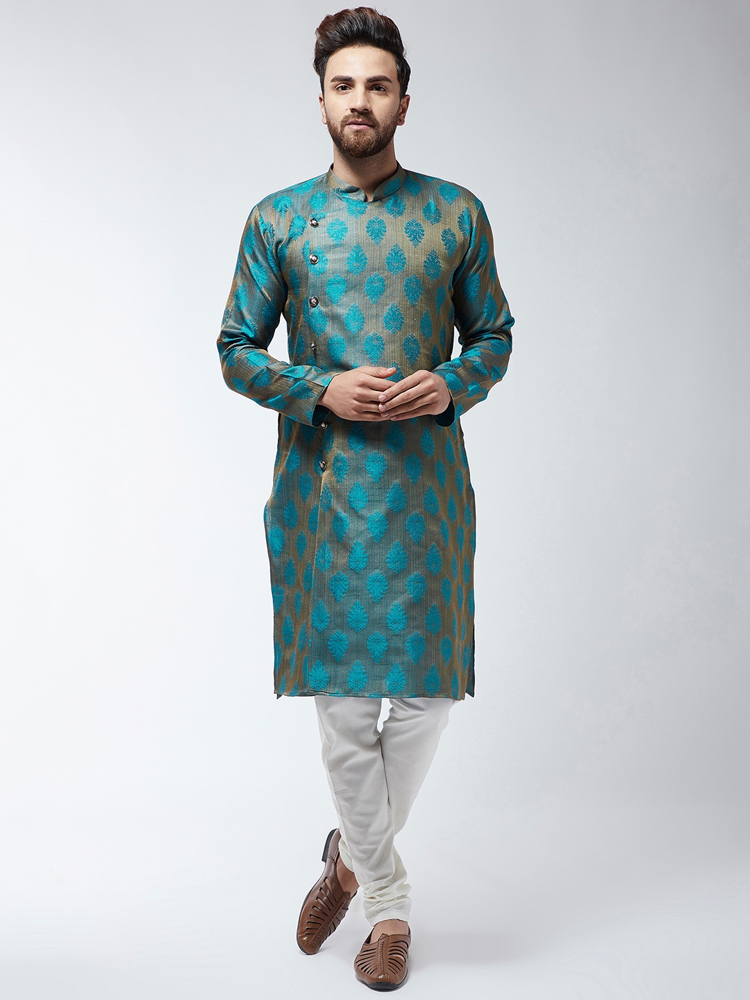 

SOJANYA Men Blue & Beige Self Design Kurta with Churidar