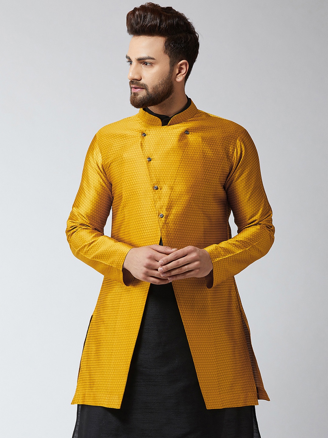 

Sojanya Mens Mustard Woven Design Sherwani Jacket