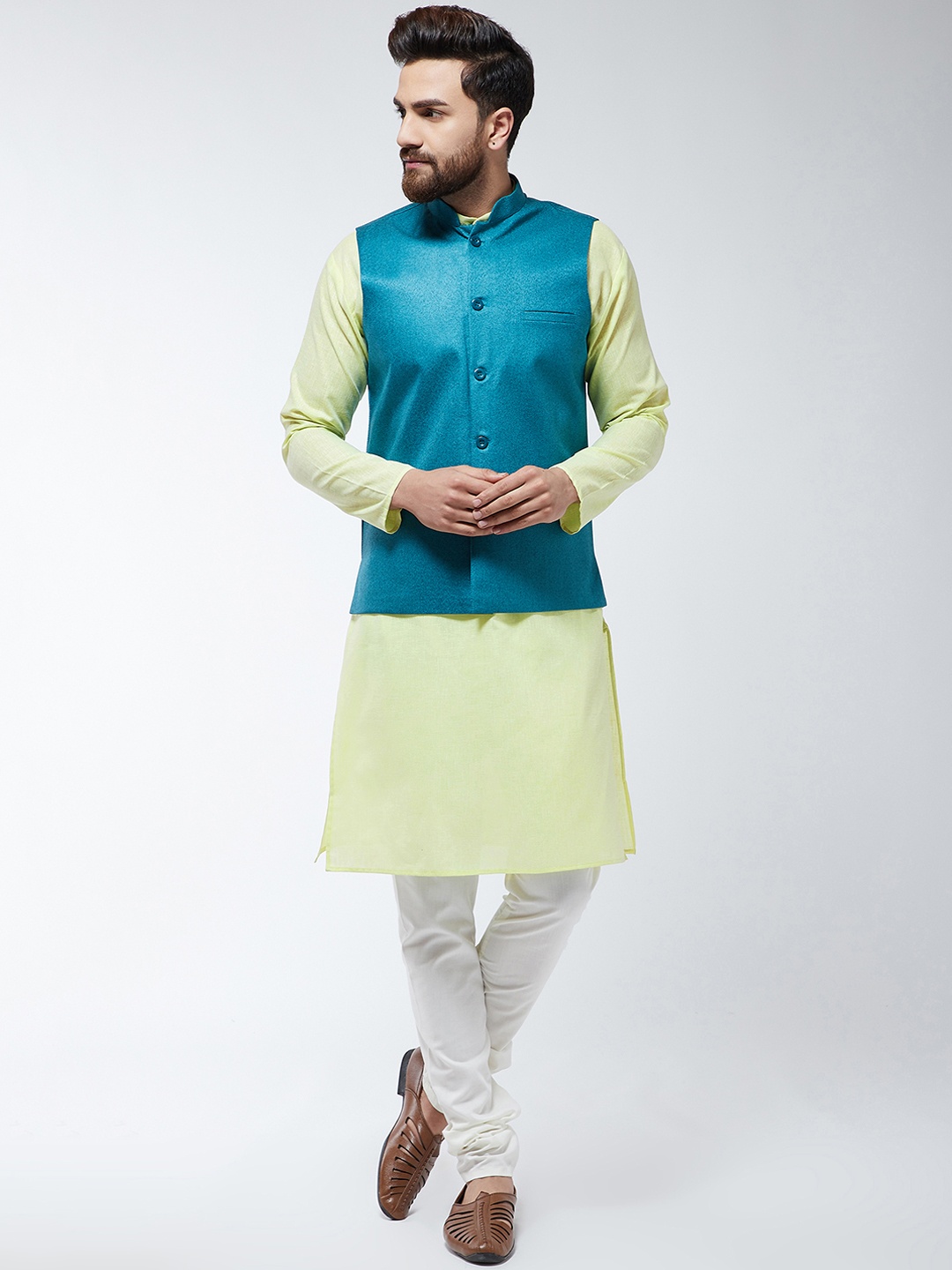 

SOJANYA Men Lime Green & Blue Solid Kurta with Churidar and Nehru Jacket