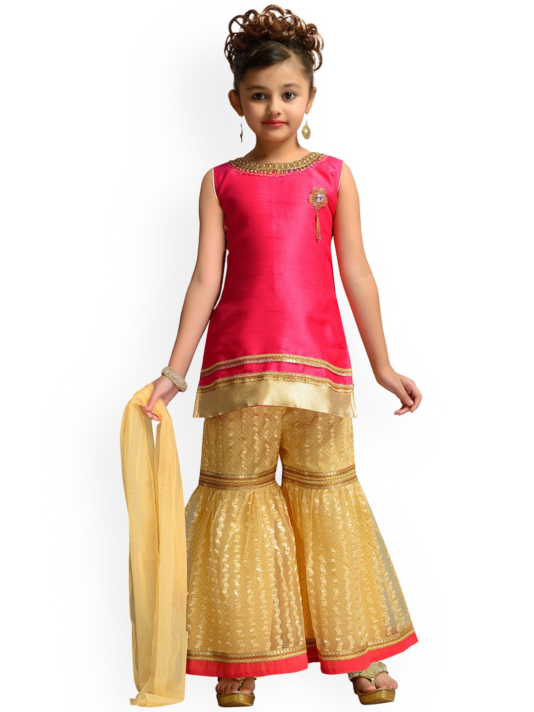 Kidling Girls Pink Solid Kurti with Beige Sharara & Dupatta