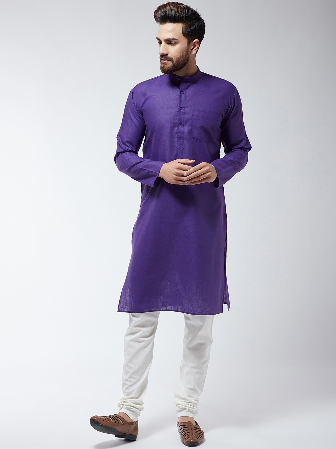 

SOJANYA Men Purple & Off-White Solid Kurta with Churidar