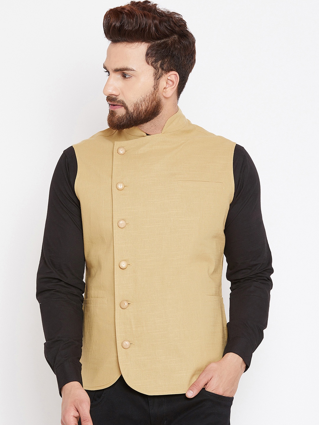 Hypernation Men's Beige Solid Woven Nehru Jacket