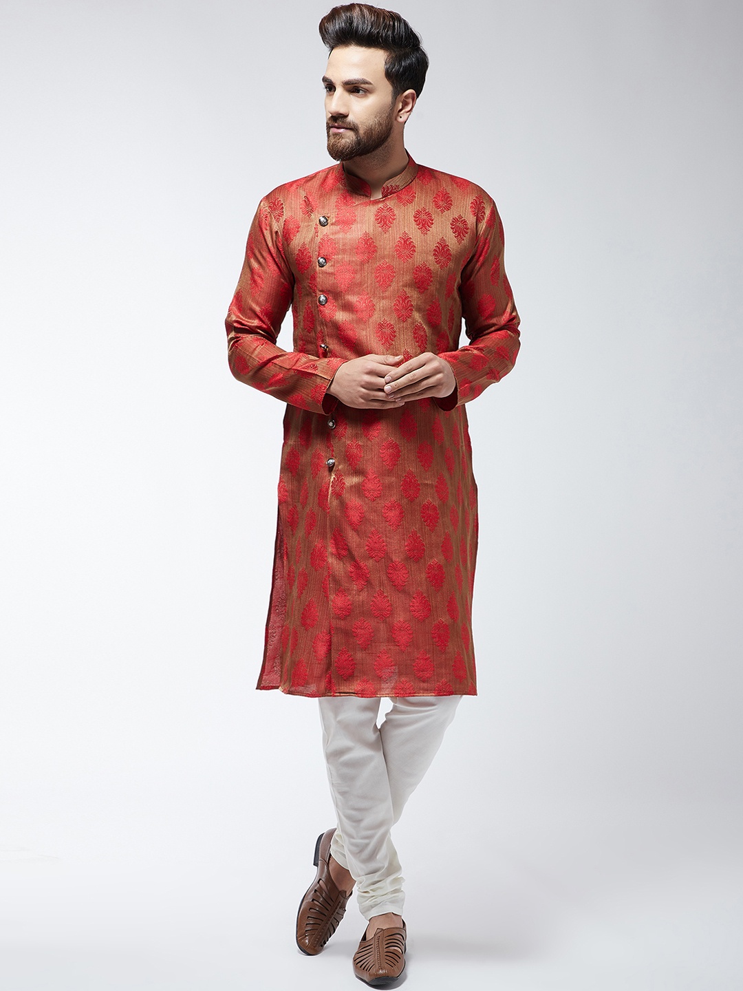 

SOJANYA Men Red & Beige Self Design Kurta with Churidar