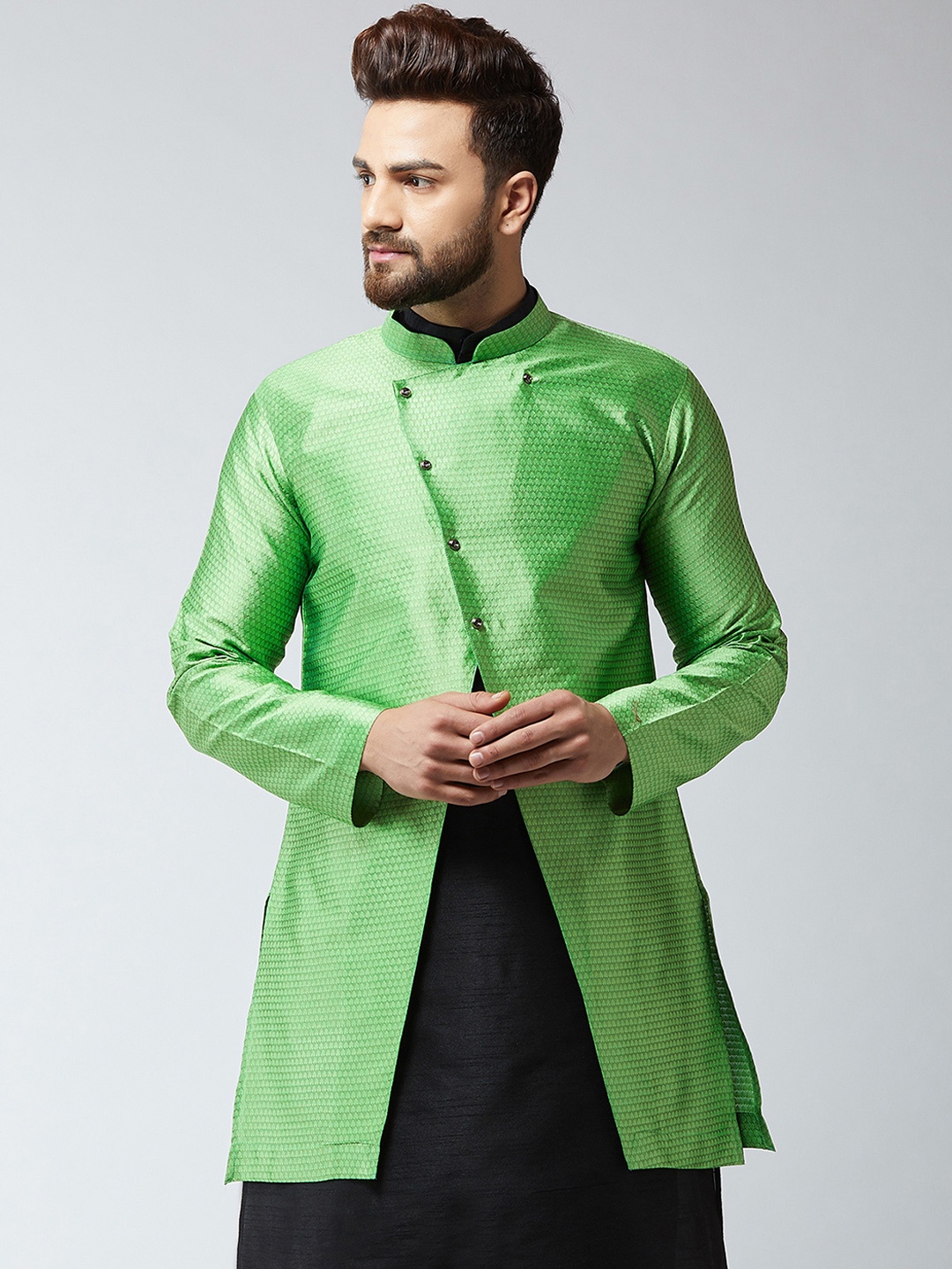 

Sojanya Men Green Self Designed Sherwani Jacket