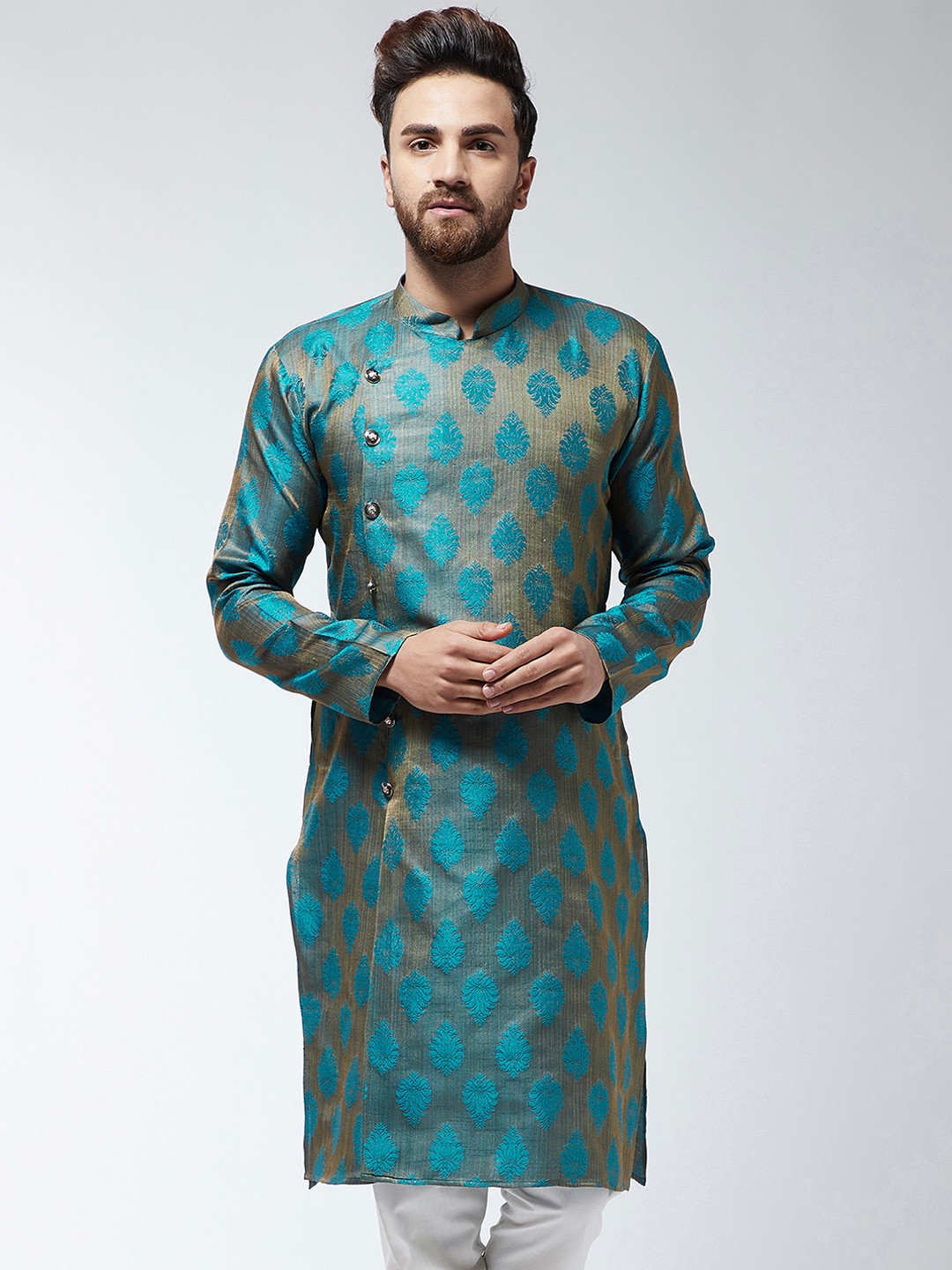 

SOJANYA Men Teal & Beige Embroidered Straight Kurta