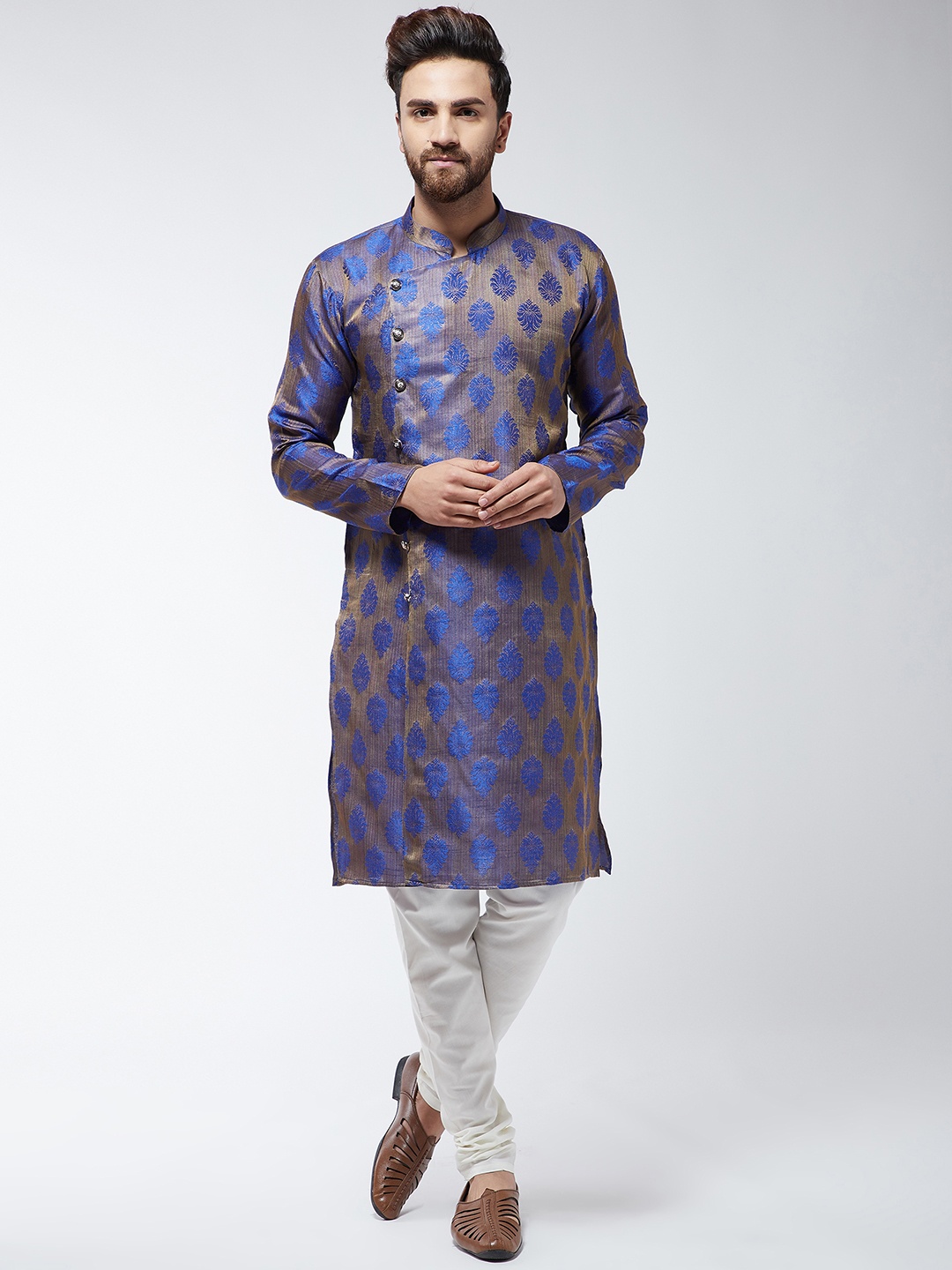 SOJANYA Men Blue & Off-White Self Design Kurta with Churidar